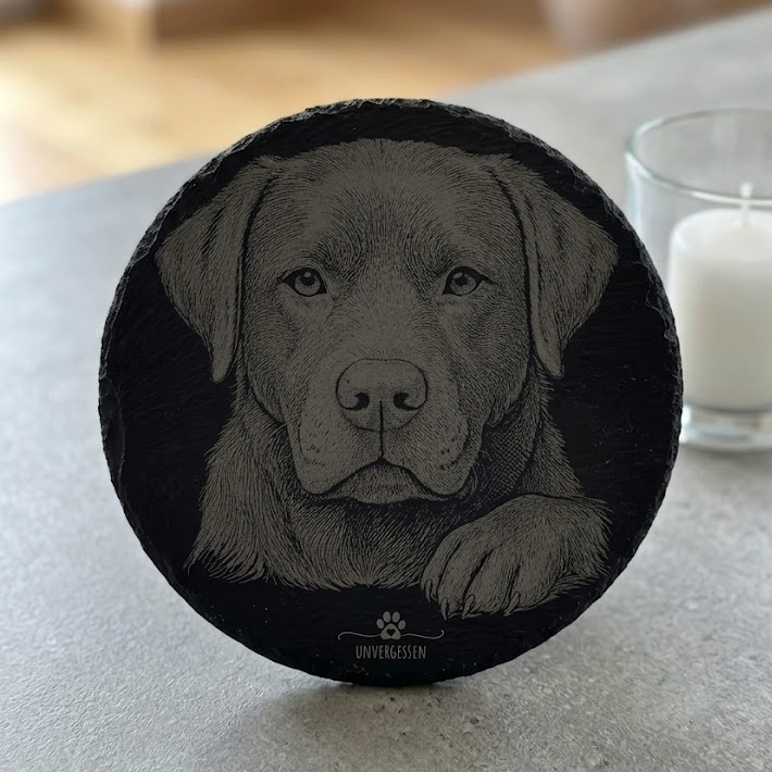Runde, schwarze Schiefertafel mit fotorealistischer Lasergravur eines Labradors. Unten sind ein Pfotenabdruck und der Schriftzug 'UNVERGESSEN' eingraviert. Die Gedenktafel steht aufrecht vor einer Kerze im unscharfen Hintergrund.