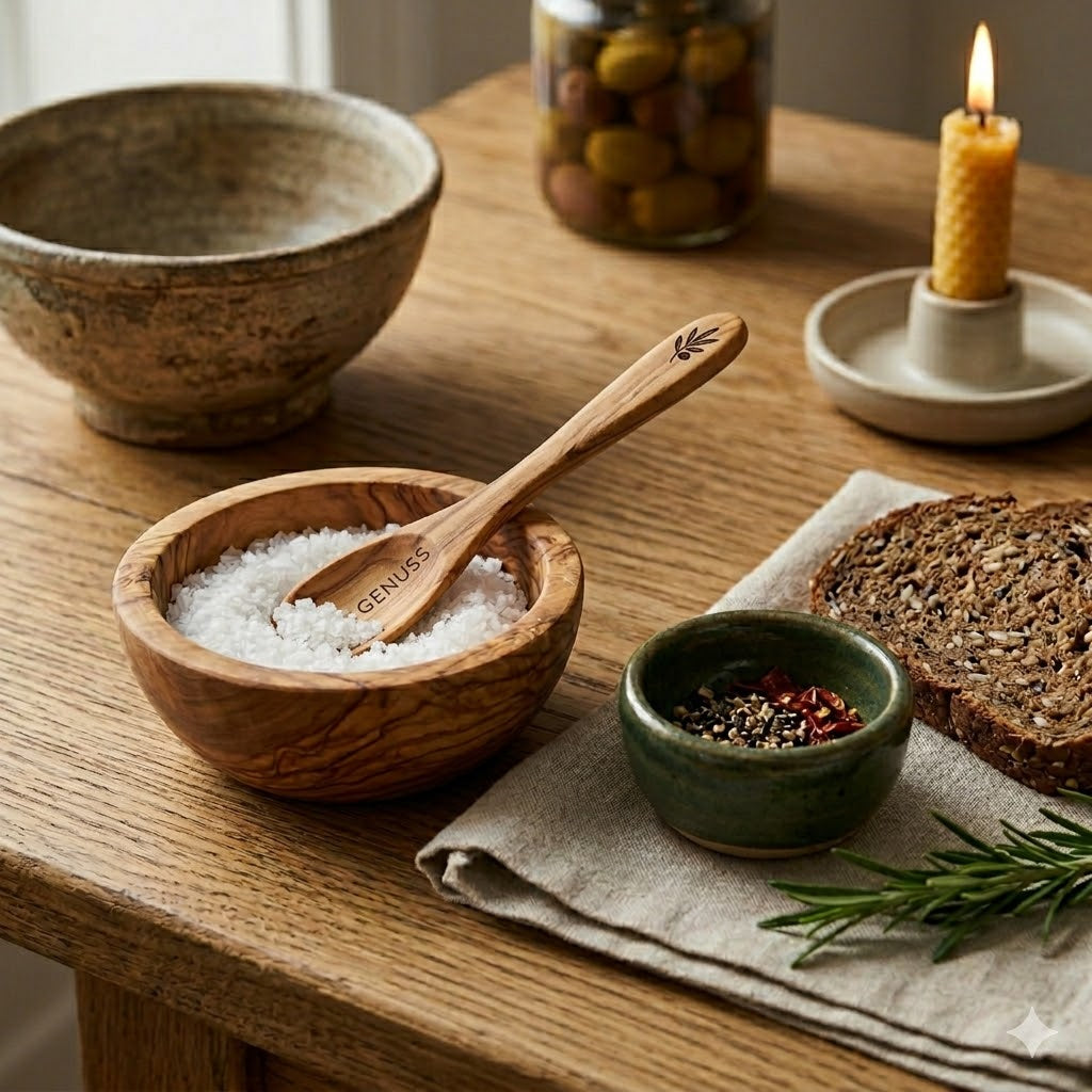 Kochlöffel oval mit flachem Griff aus Olivenholz