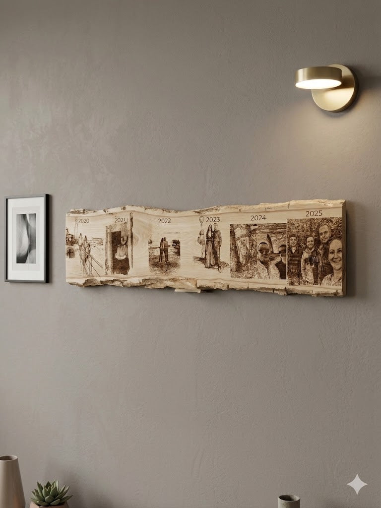 Massives Eichenbrett mit Naturkante mit Fotogravur