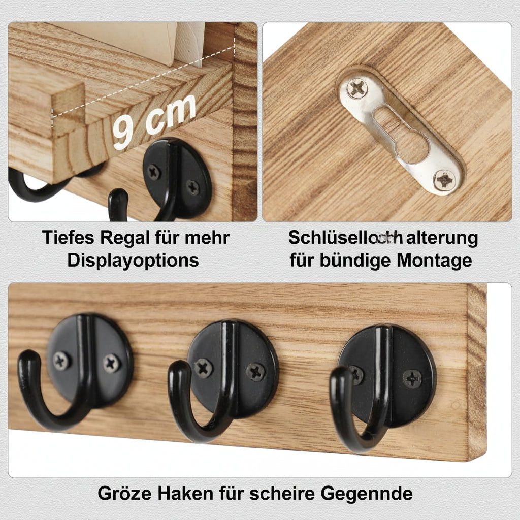 Schlüsselbrett aus massivem Holz mit Ablage