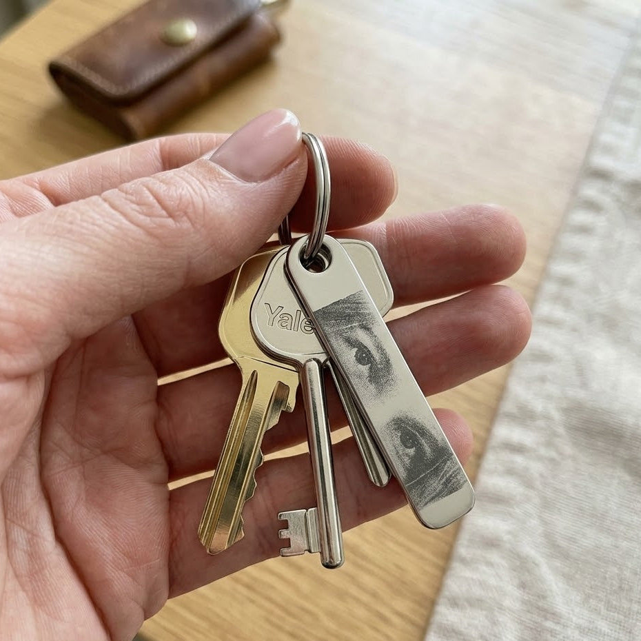 Edelstahl Anhänger personalisiert Gravur Augen Bild minimalistisch Schmuck Silber