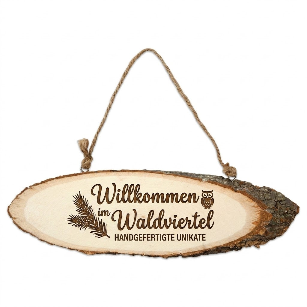 Türschild aus Holz mit Rinde oval